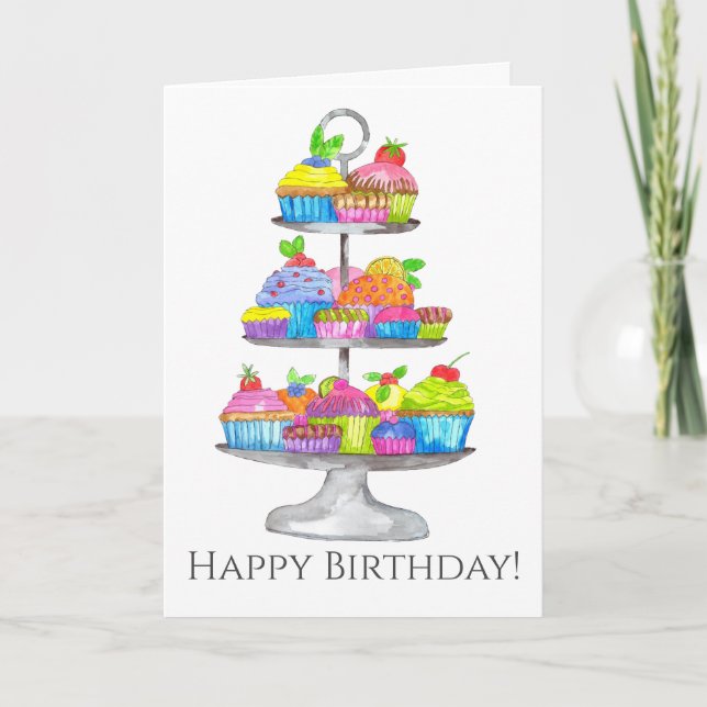 Carte d'anniversaire de cupcakes Watercolor (Devant)