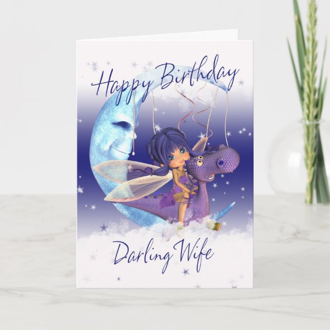 Carte d'anniversaire de femme mignonne, dragon vio (Devant)