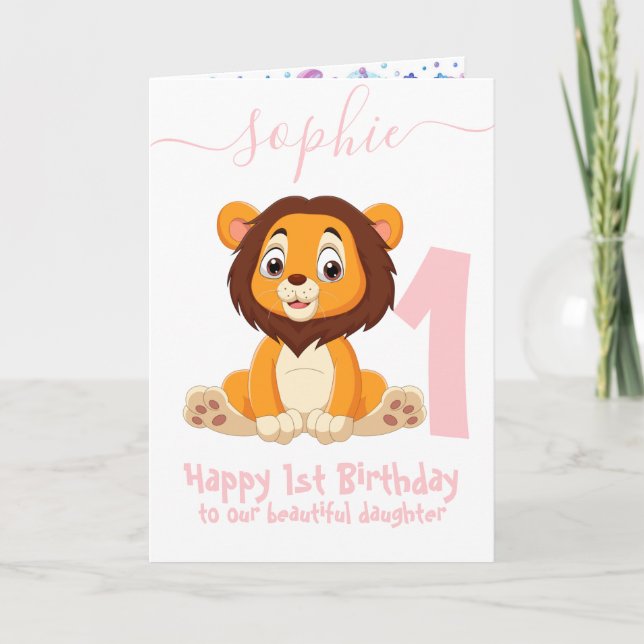 carte d'anniversaire de fille de lion mignon (Devant)