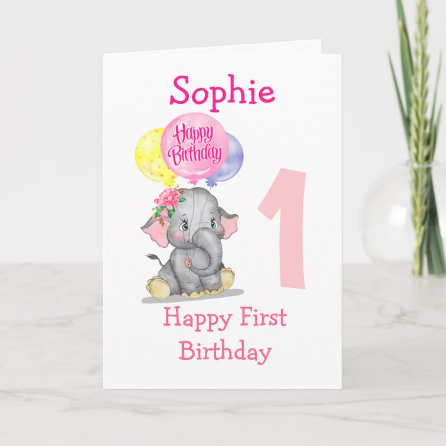 carte d'anniversaire de fille d'éléphant mignonne (Devant)