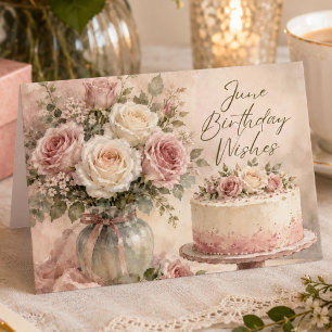Carte d'anniversaire de juin aquarelle Roses roses