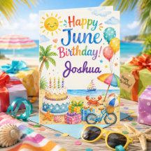 Carte d'anniversaire de juin pour garçons plage ét