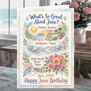 Carte d'anniversaire de juin Roses Perles Côtière 