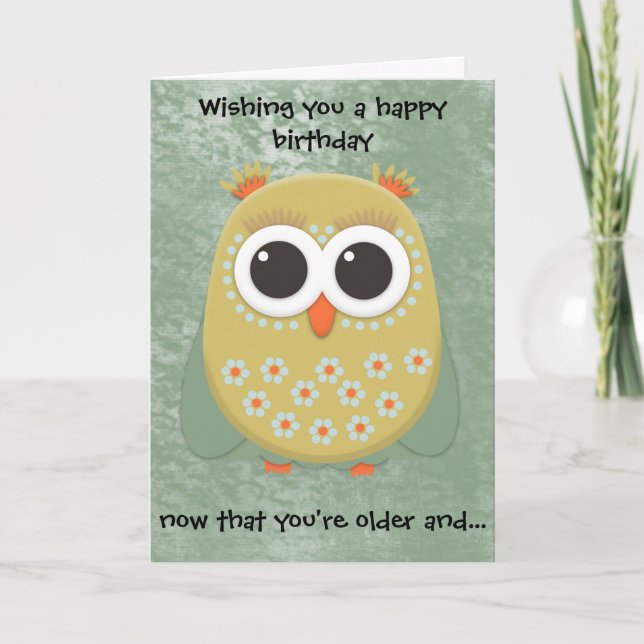 Carte d'anniversaire de la chouette jaune orange v (Devant)