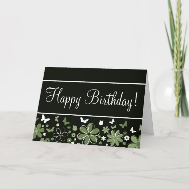 Carte d'anniversaire de la floraison noire et vert (Devant)