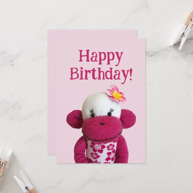 Carte d'anniversaire de l'Aloha Sock Monkey (Devant/Arrière en situation)