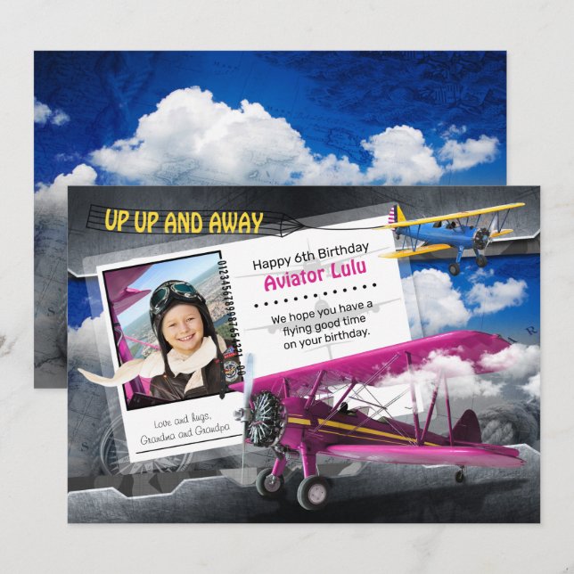 Carte d'anniversaire de l'avion de l'aviateur amus (Devant / Derrière)
