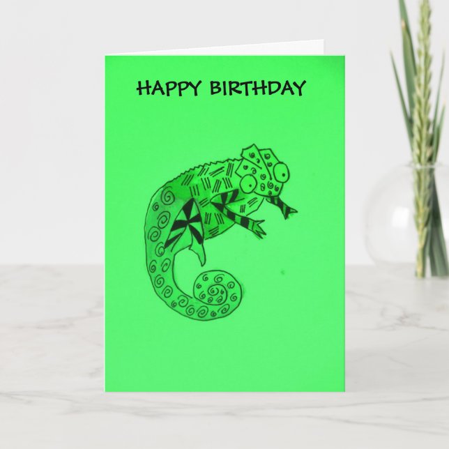 Carte d'anniversaire de l'enfant de caméléon vert (Devant)
