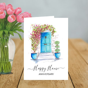 Carte d'anniversaire de maison heureuse porte bleu