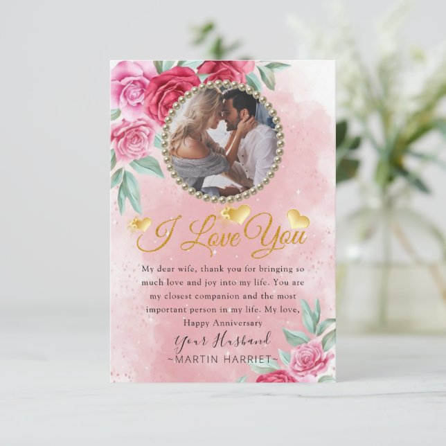 Carte d'anniversaire de mariage Photo Femme Fleurs (Debout devant)