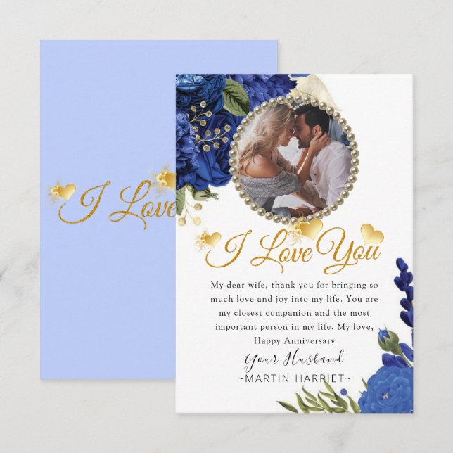 Carte d'anniversaire de mariage Photo Or Fleurs Bl (Devant / Derrière)
