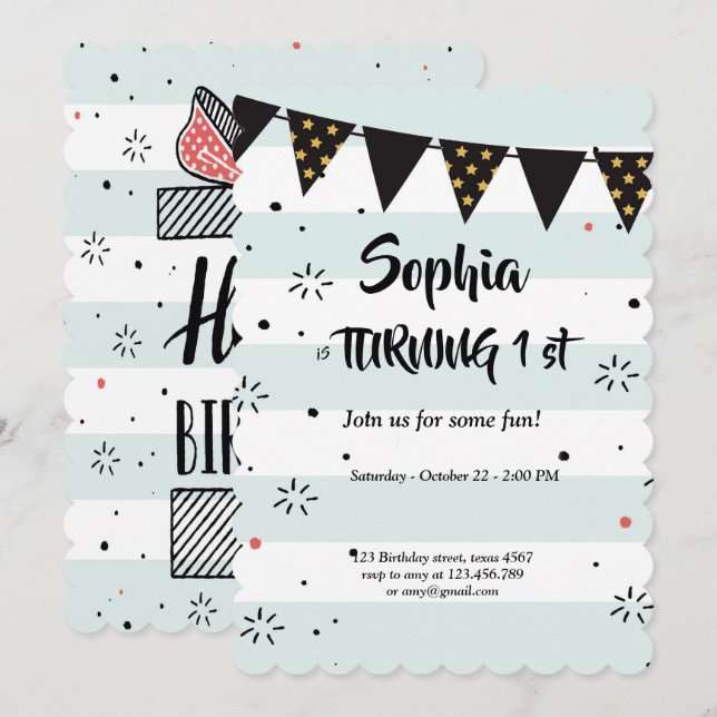 carte d'anniversaire de motif rayé bleu et blanc (Devant / Derrière)