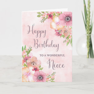 Carte d'anniversaire de nièce rose Fleurs de print