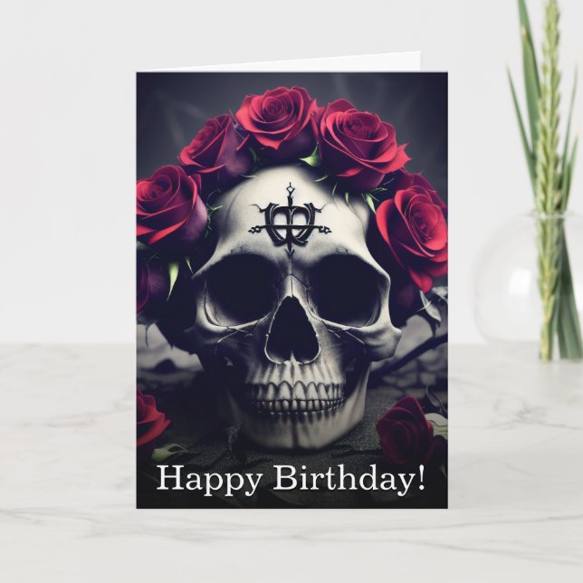 Carte d'anniversaire de Rose du crâne gothique fon (Devant)