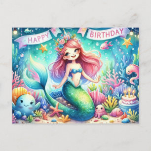 Carte d'anniversaire de sirène magique - Aquarelle