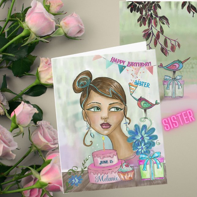 Carte d'anniversaire de Soeur peinte à la main ave (Hand-Painted Sister Birthday Card with Cake)