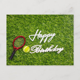 Carte d'anniversaire de tennis avec raquette et ba
