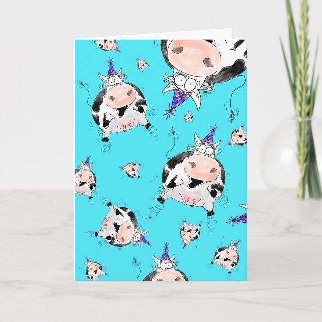Carte d'anniversaire de vache caricaturale plus Ex (Devant)