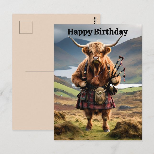 Carte d'anniversaire de vache des Highlands amusan (Devant / Derrière)