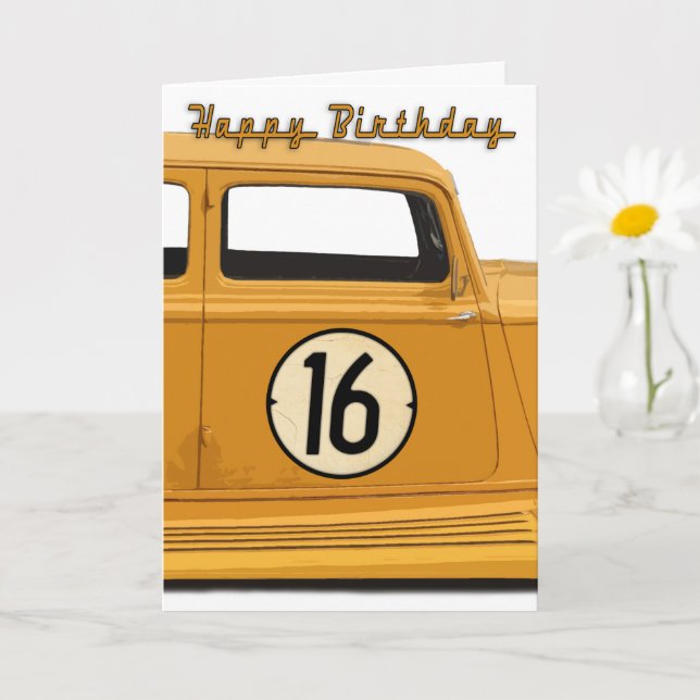Carte d'anniversaire de voiture de course pour 16  (Petite plante)