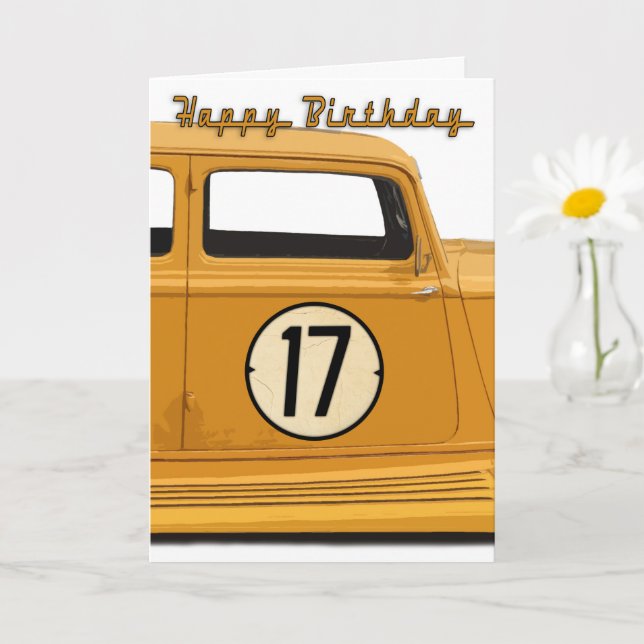 Carte d'anniversaire de voiture de course pour 17  (Petite plante)