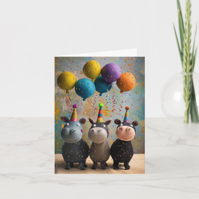 Carte d'anniversaire des hippopotames avec ballons (Devant)