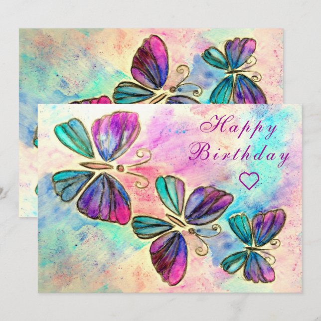 Carte d'anniversaire des papillons Watercolor (Devant / Derrière)