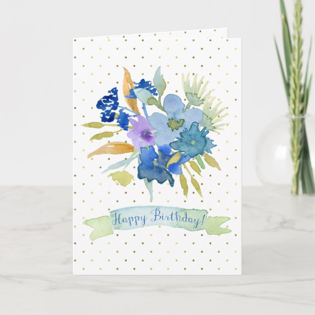 Carte d'Anniversaire, Dots d'Or, Fleurs d'Aquarell (Devant)