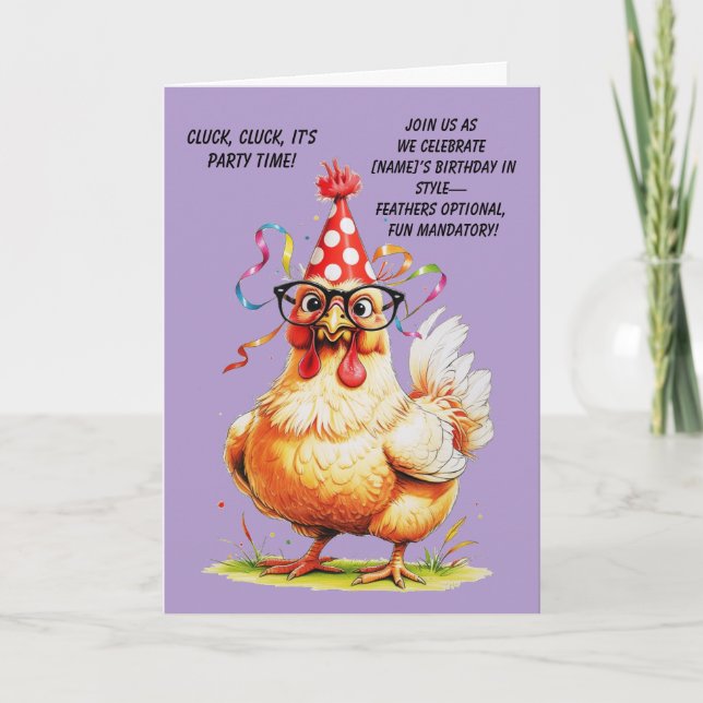 Carte d'anniversaire drôle avec un poulet élégant (Devant)