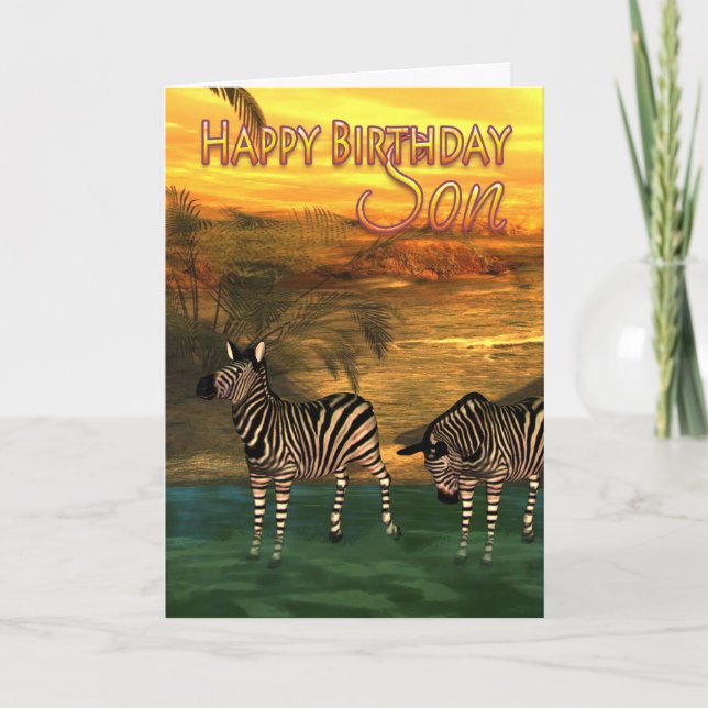 Carte d'anniversaire du fils Zebras dans l'eau (Devant)
