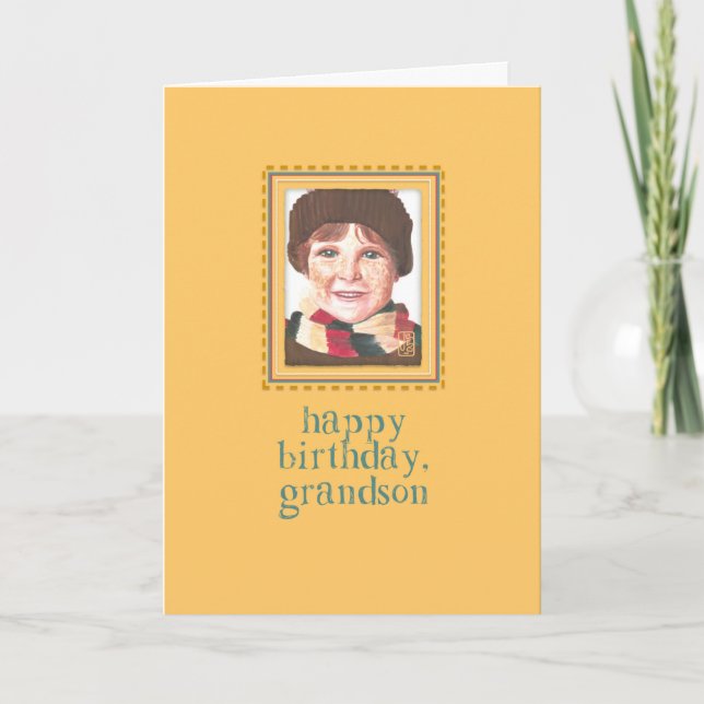 Carte d'anniversaire du garçon à tête rouge à gran (Devant)