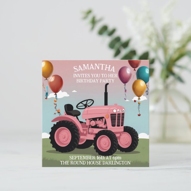Carte d'anniversaire du Tracteur rose mignonne (Debout devant)