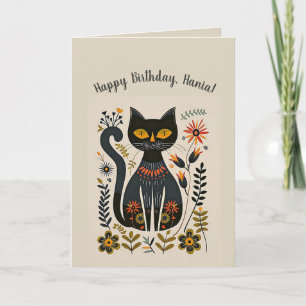 Carte d'anniversaire éditable de chat noir d'art p