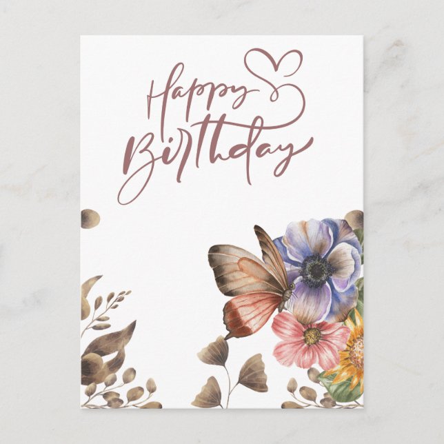 Carte d'anniversaire élégante Boho papillon floral (Devant)