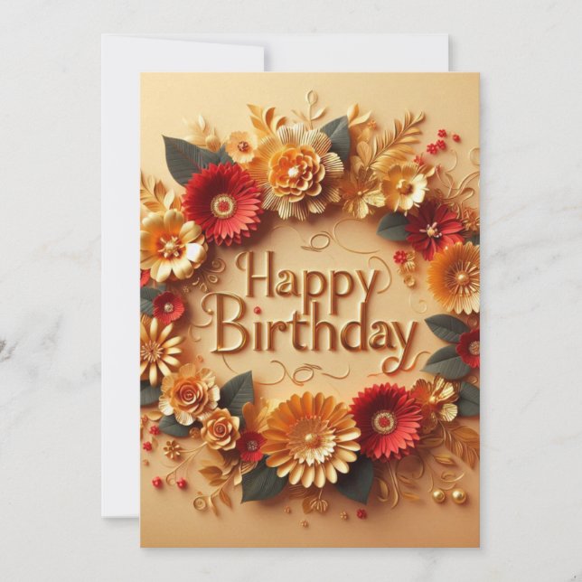 Carte d'anniversaire élégante motif de fleurs doré (Devant)