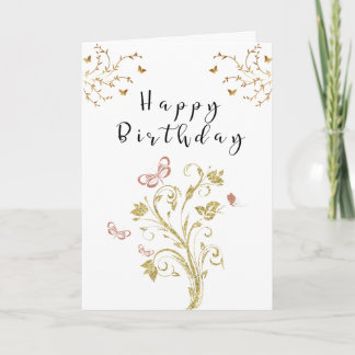 Carte d'anniversaire élégante papillon floral or