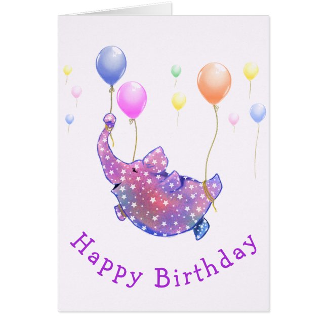 Carte d'anniversaire Eléphant vol avec ballons (Devant)
