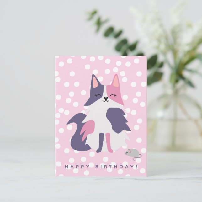 Carte d'anniversaire enfantine avec chat rose et v (Debout devant)