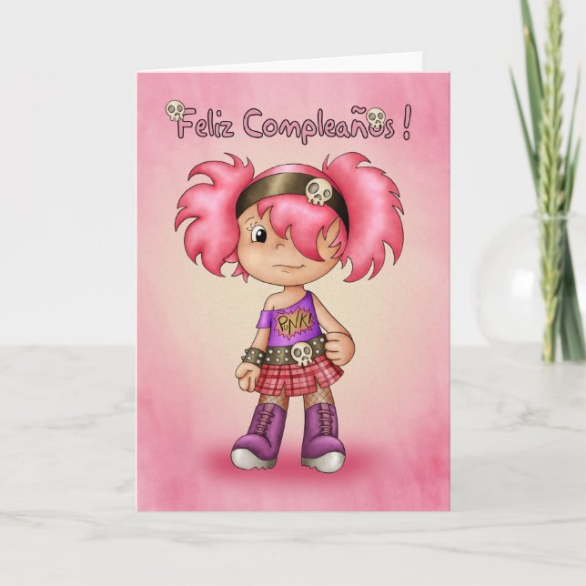 Carte d'anniversaire espagnole - Cute Rock Chick - (Devant)