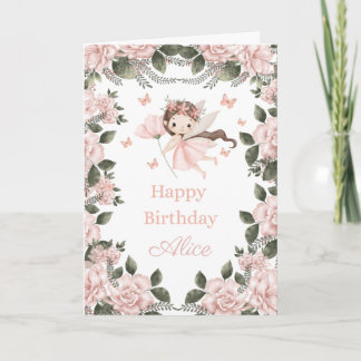 Carte d'anniversaire Fée avec roses et feuillage