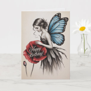 Carte d'anniversaire fée Fleur rouge Papillon fée