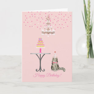 Carte d'anniversaire féminine rose du chat