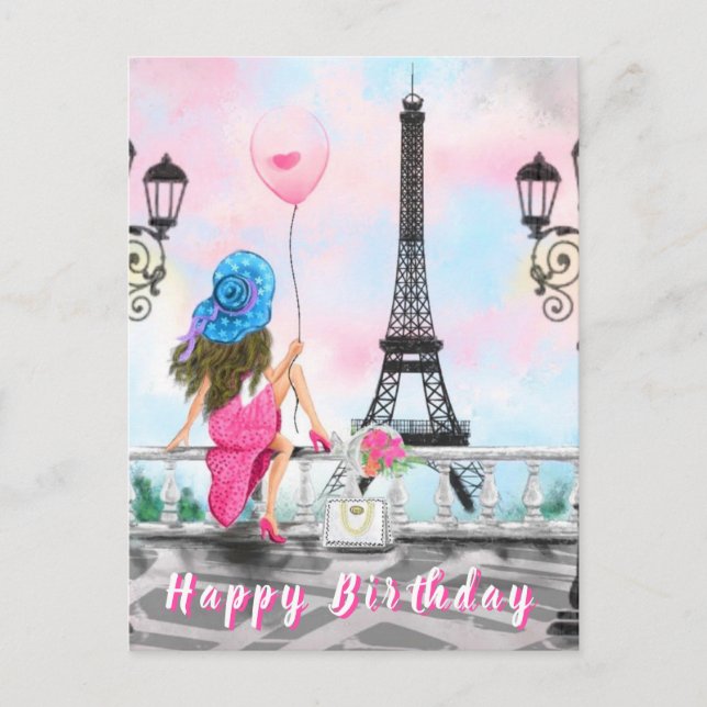 Carte d'anniversaire Femme avec ballon rose à Pari (Devant)