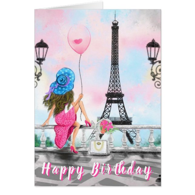 Carte d'anniversaire Femme avec ballon rose à Pari (Devant)