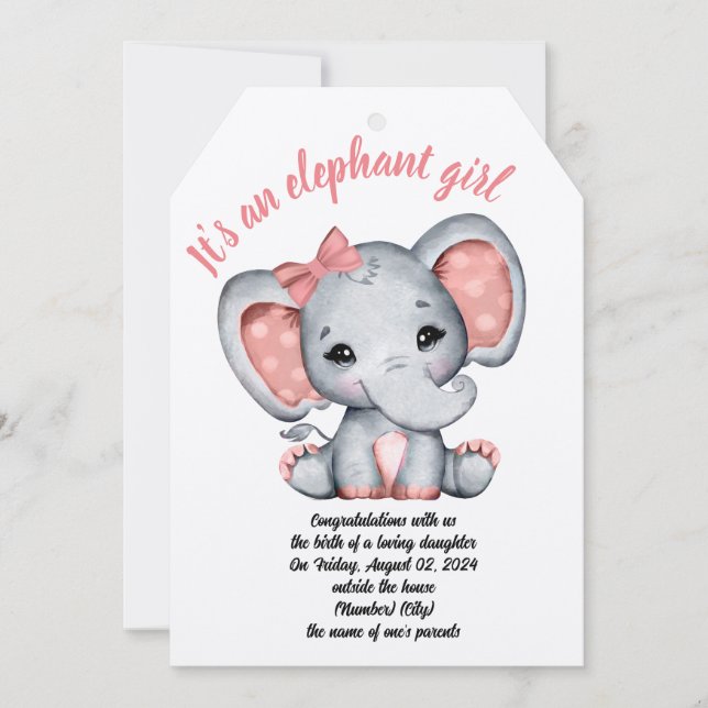 Carte d'anniversaire fille éléphant ruban rose (Devant)