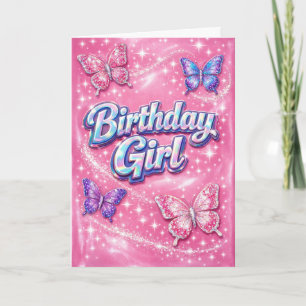 Carte d'anniversaire fille papillon rose scintilla