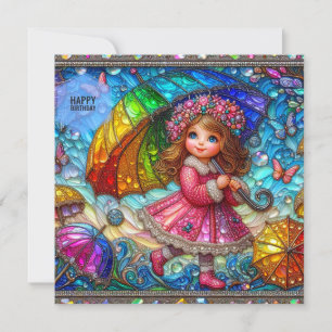 CARTE D'ANNIVERSAIRE ~ Fille rétro avec parapluie 