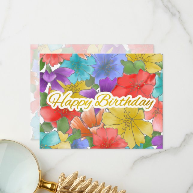 Carte d'Anniversaire Floral Multicolor moderne (Devant/Arrière en situation)