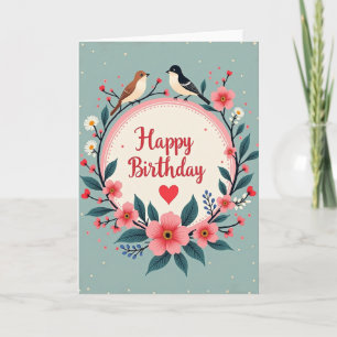 Carte d'anniversaire florale avec oiseaux