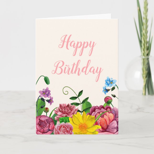 Carte d'anniversaire florale heureuse. Fleurs d'ea (Devant)